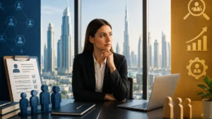 Businesswoman contemplating in a modern office with Dubai skyline view.