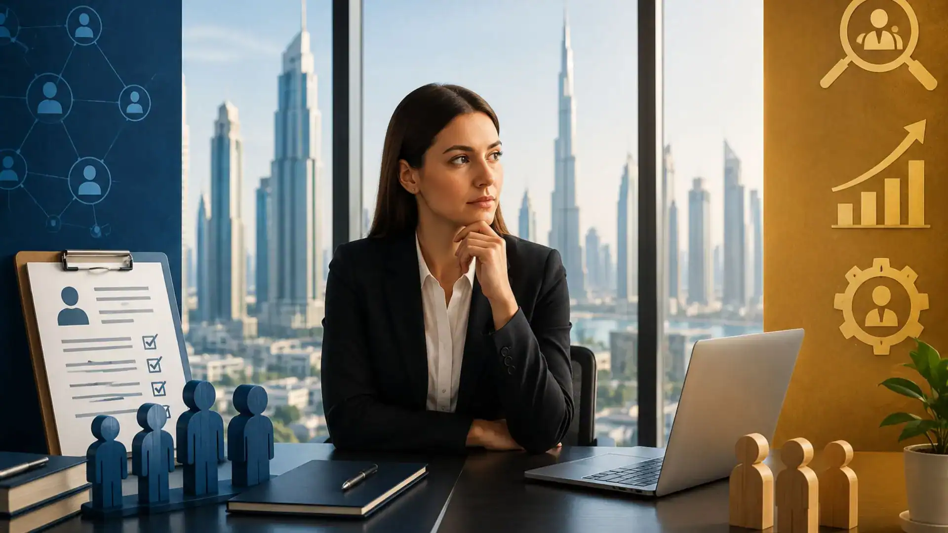 Businesswoman contemplating in a modern office with Dubai skyline view.