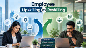 Comparison of employee upskilling and reskilling with icons and arrows.