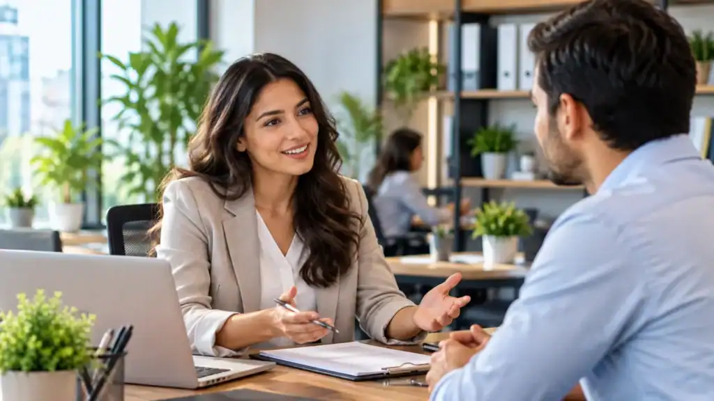 Businesswoman discussing with a male colleague in an office setting.