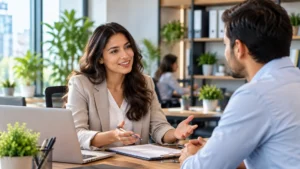 Businesswoman discussing with a male colleague in an office setting.