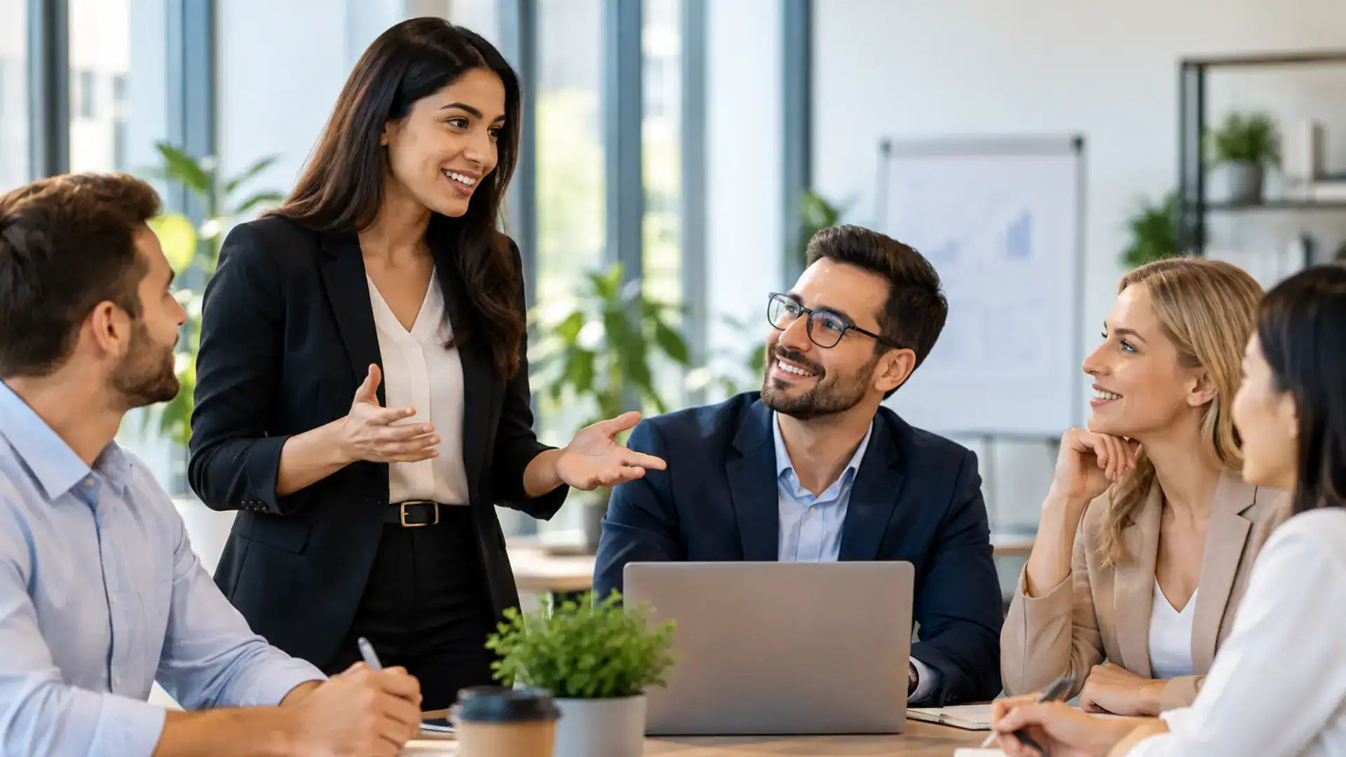 Businesswoman presenting to a diverse group in a modern office.