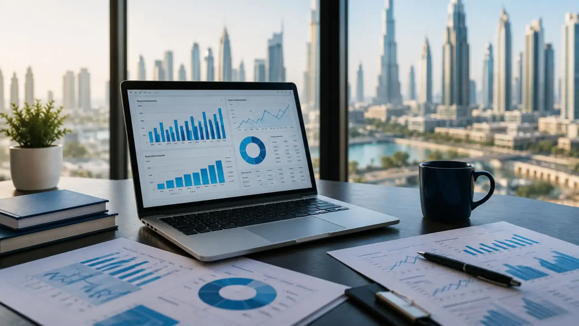Business analytics workspace with charts and a city skyline view.