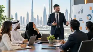 Businessman presenting to diverse team in Dubai office with city skyline.