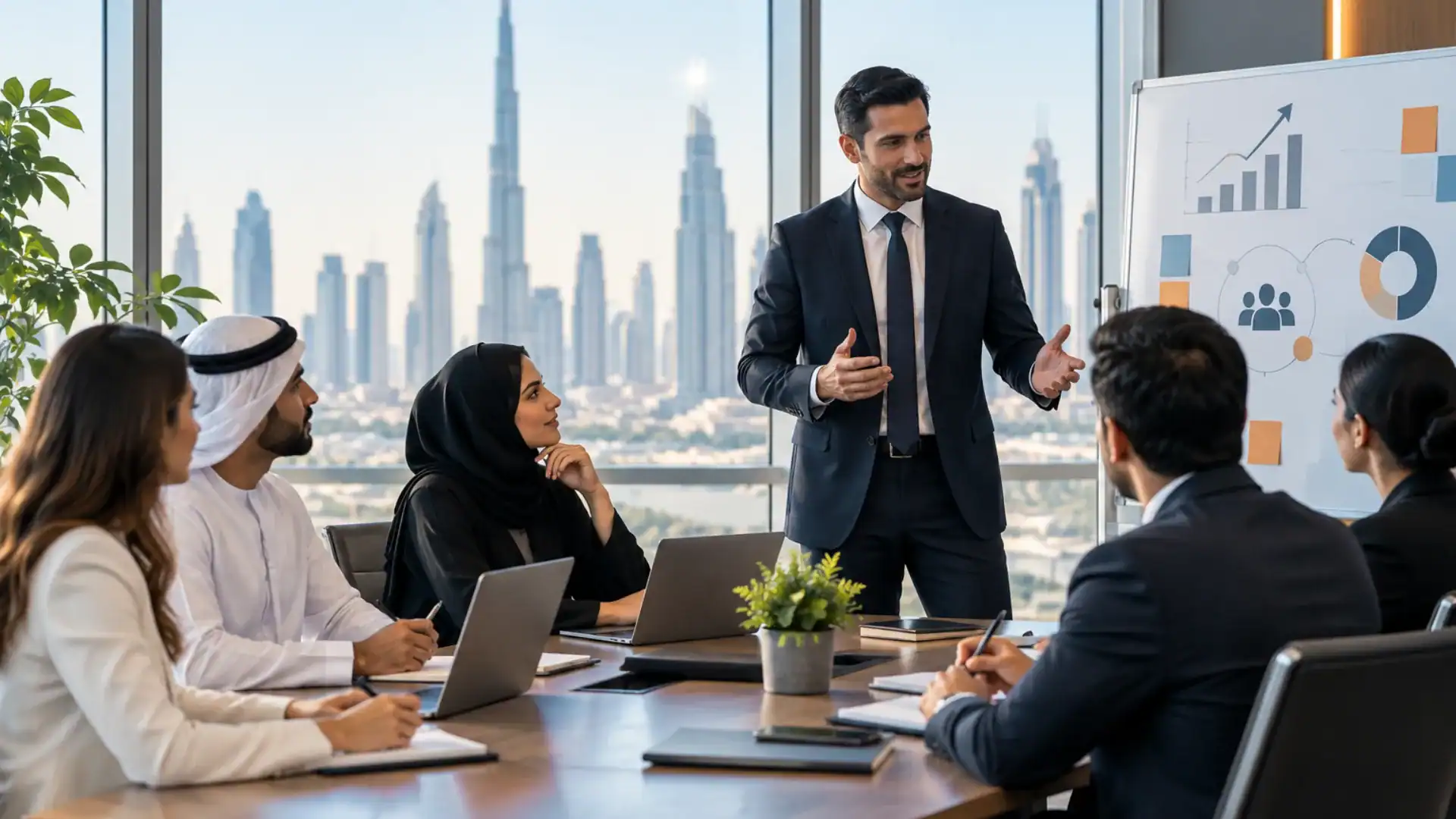 Businessman presenting to diverse team in Dubai office with city skyline.