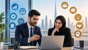 Business professionals discussing in front of a laptop with Dubai skyline.