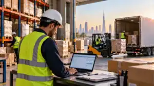 Warehouse worker using a laptop in a busy logistics center with Dubai skyline in background.