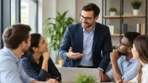 Manager leading a team meeting in a modern office setting.