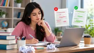 Student reviewing corrected IELTS writing sample on paper and digital screen.