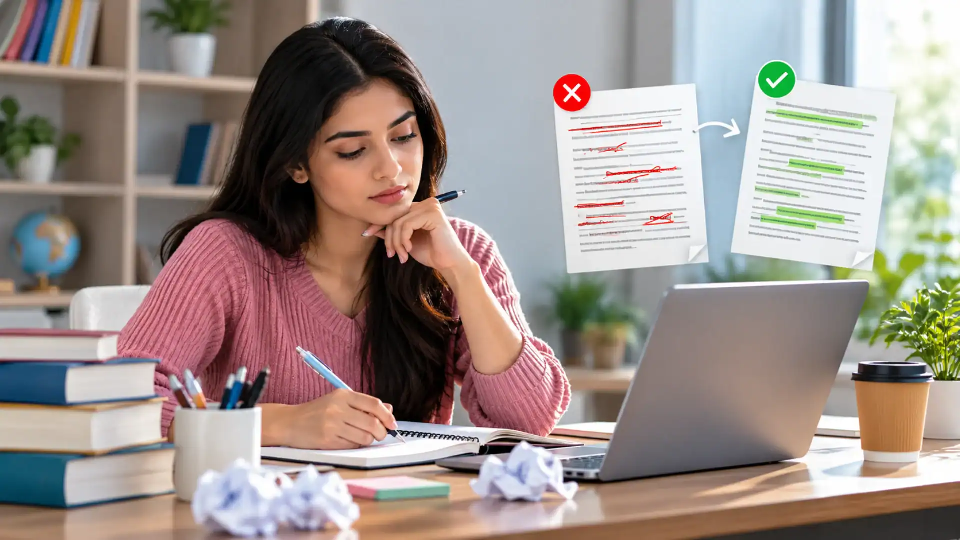 Student reviewing corrected IELTS writing sample on paper and digital screen.