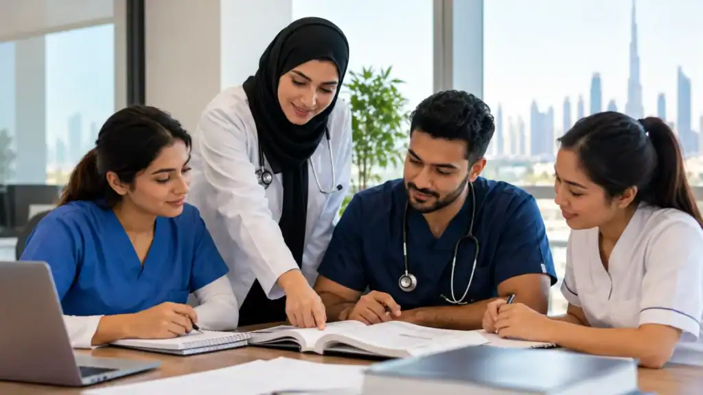 Group of healthcare professionals collaborate over medical charts.