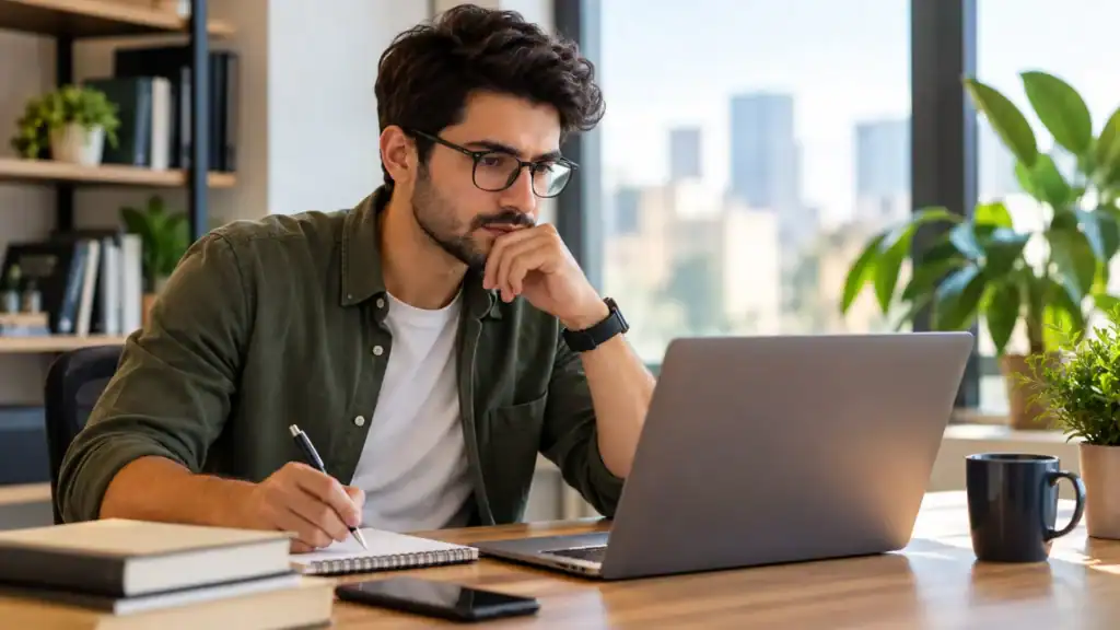 Young man working on laptop with notebooks in a modern office setting.