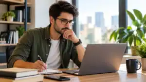 Young man working on laptop with notebooks in a modern office setting.