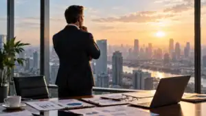 Businessman contemplating city view from office window at sunset.