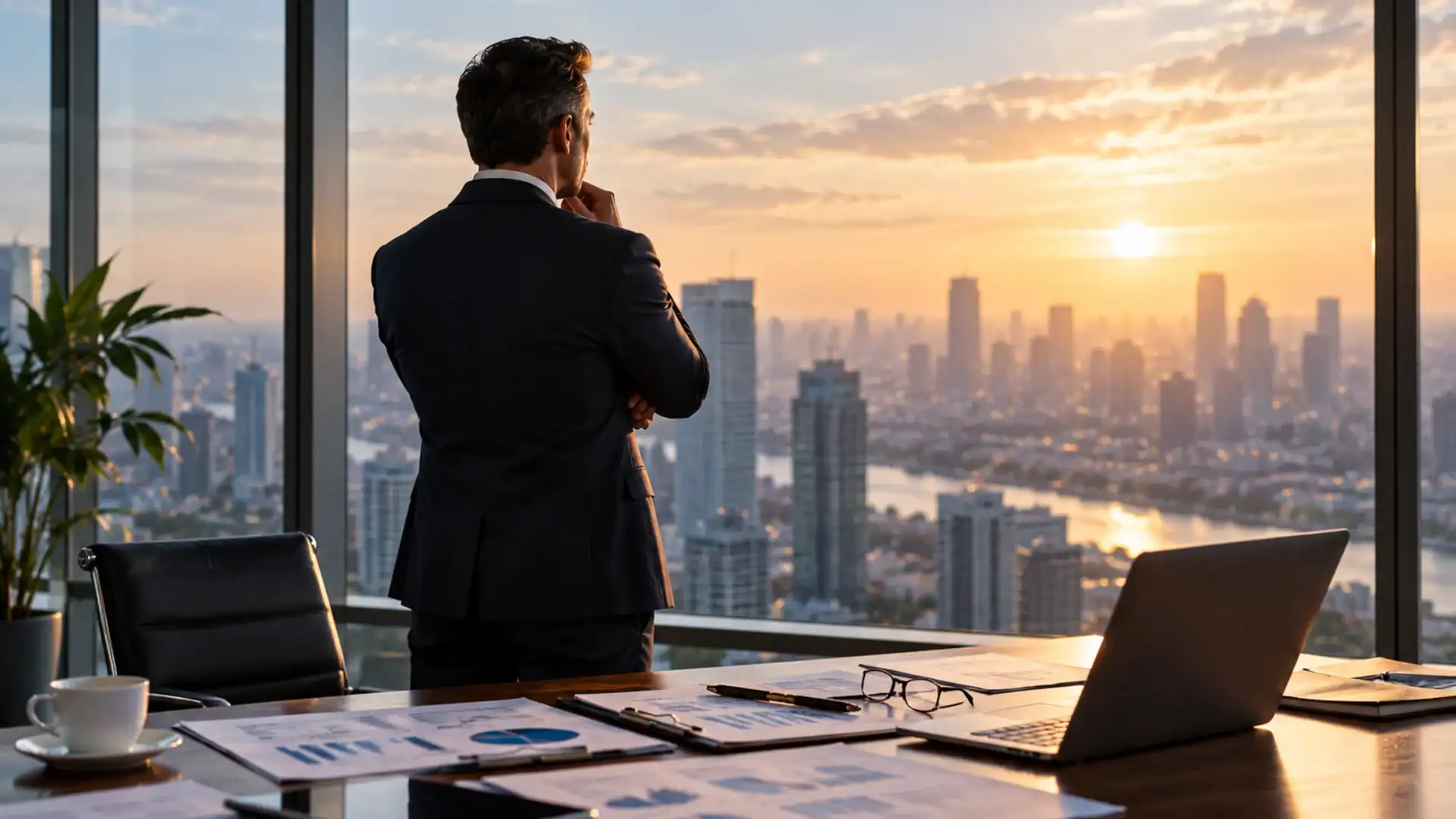 Businessman contemplating city view from office window at sunset.