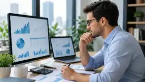 Financial analyst reviewing data on multiple screens in office.