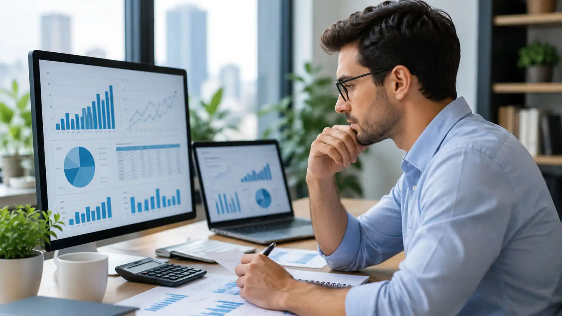 Financial analyst reviewing data on multiple screens in office.